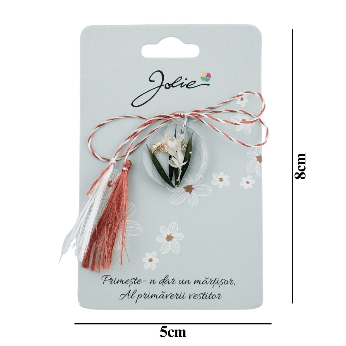 Martisor Traditional din Acril, Jolie, Model Rotund Floare Alba, cu Snur Impletit Alb/Rosu, Pandantiv 2 cm