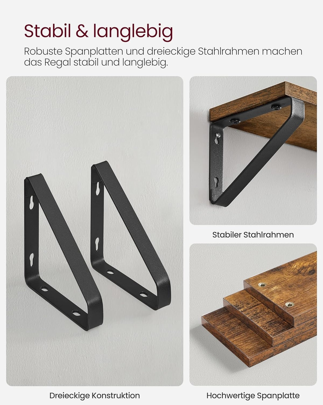 VASAGLE Raft de perete, set 3 bucati 30cm, 35cm si 40cm, 2 moduri de montare, maro rustic si negru