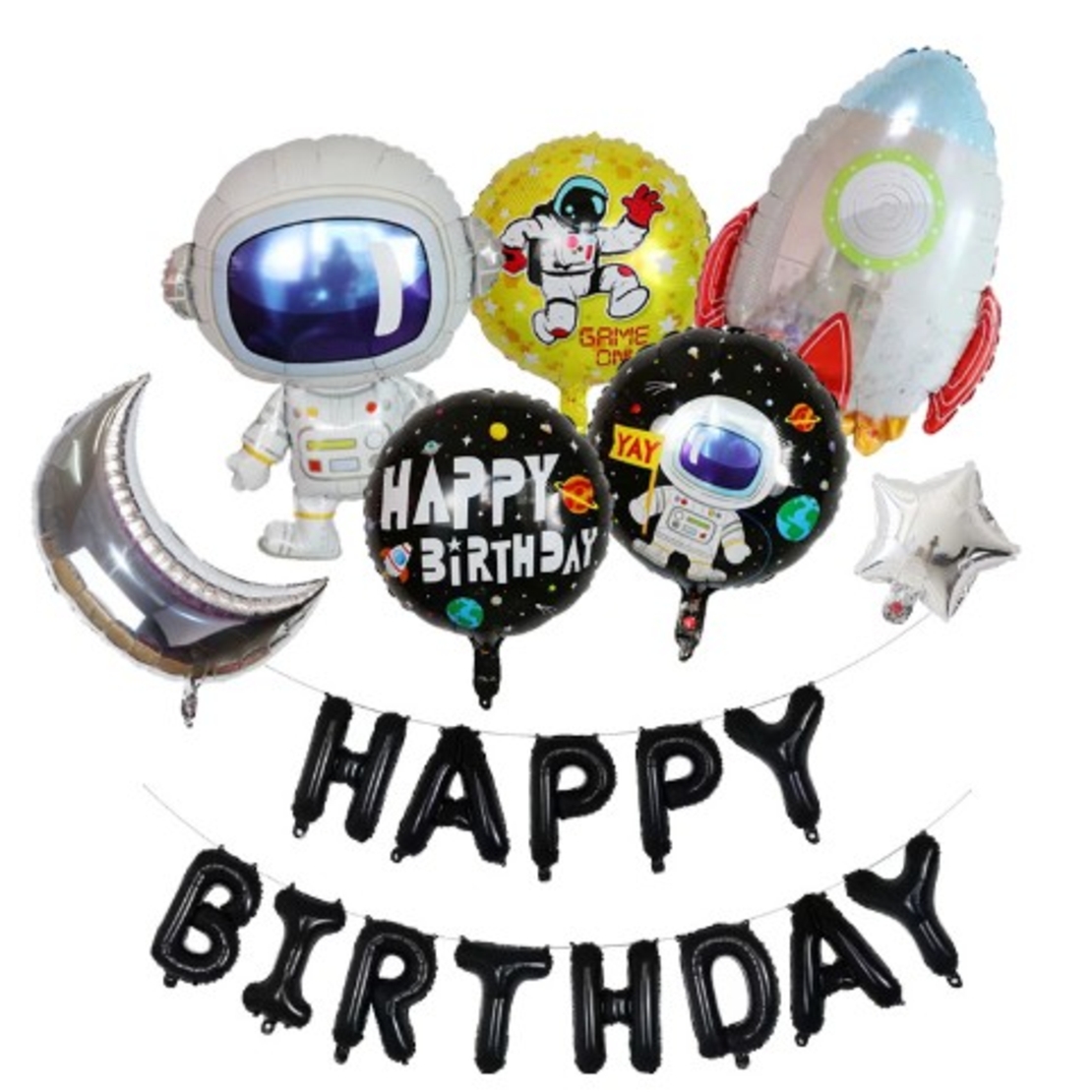 Set baloane aniversare 8 piese, Flippy, tematica HAPPY BIRTHDAY, Figurine Astronaut Racheta, 1 luna, 1 stea, 3 baloane folie, Multicolor
