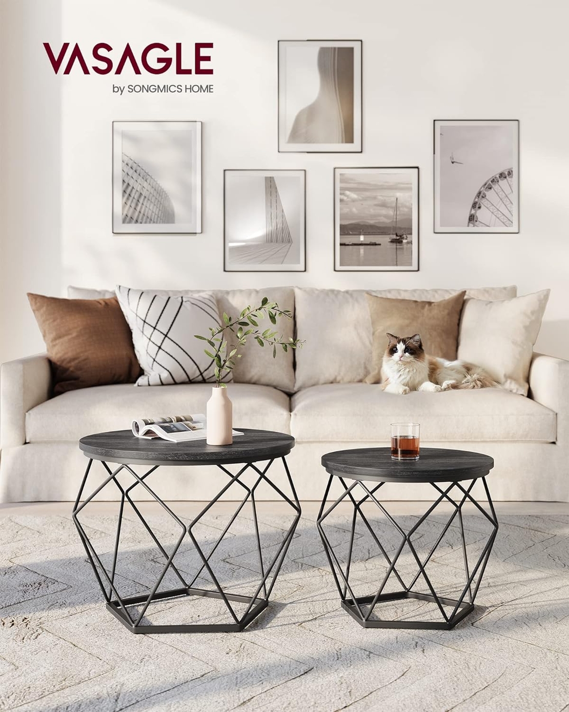 VASAGLE Set de 2 mese de cafea, stil industrial, 50x40cm si 40x36cm, negru