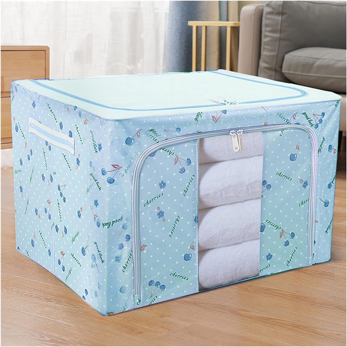 Cutie de Depozitare Pliabila, Flippy, Cu Fermoar, 66 L, Textil, 50x40x33 cm, cu 2 Ferestre, Cadru Metalic, Suport Baza Stabil din Plastic, Imprimeu Cirese, Albastru