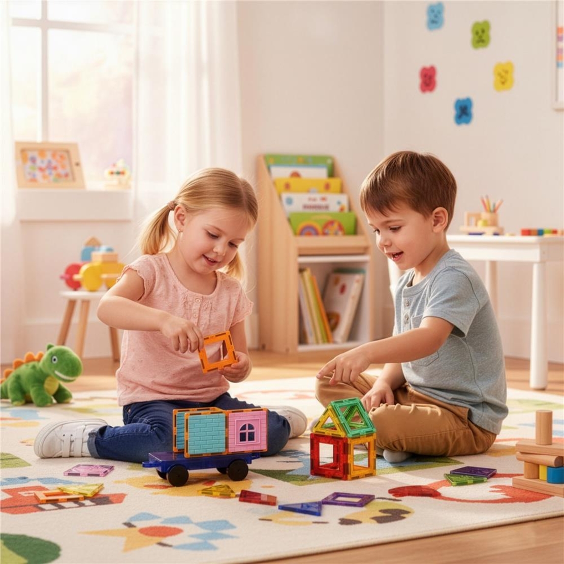 Set de constructie din piese magnetice educative pentru copii 100 de piese, multicolor
