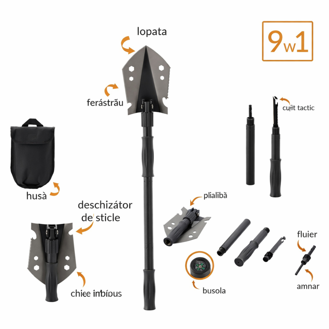 Lopata pliabila multifunctionala 9 in 1 pentru camping si gradina, otel, 70 cm, negru