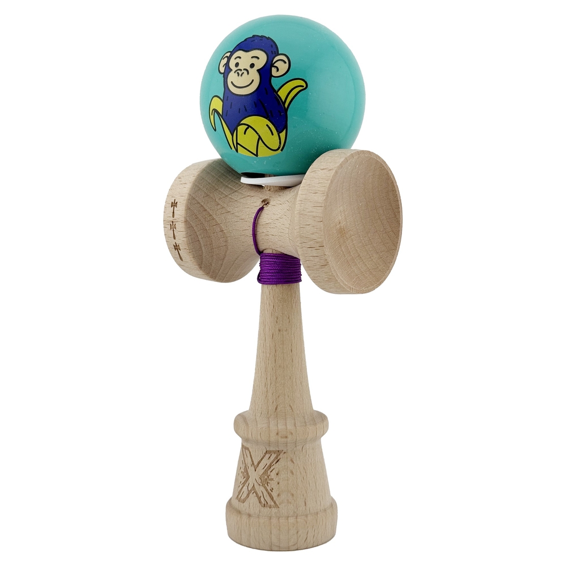 Kendama X Originala, Profesionala, Flippy, Blue Monkey, Super Sticky cu Cupe Mari King Size V3, Rulment Metalic si Gaura in Baza, din Lemn 18 cm, Ata 62/65 cm, Turcoaz