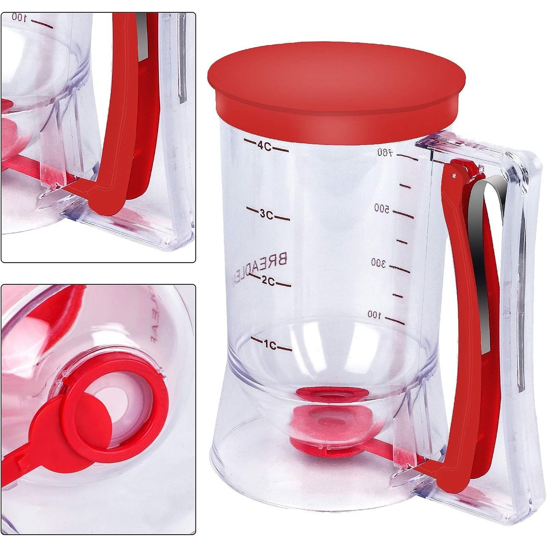 Dispenser de Aluat pentru Prajituri, Vafy, din Plastic, Maner cu Arc, 900 ml, 18.5 x 11 cm, Rosu