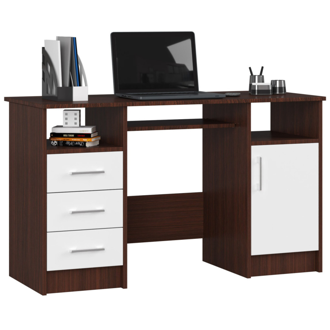 Birou ANA pentru calculator, cu 3 sertare si 1 usa, 124x52x74 cm, maro wenge si alb