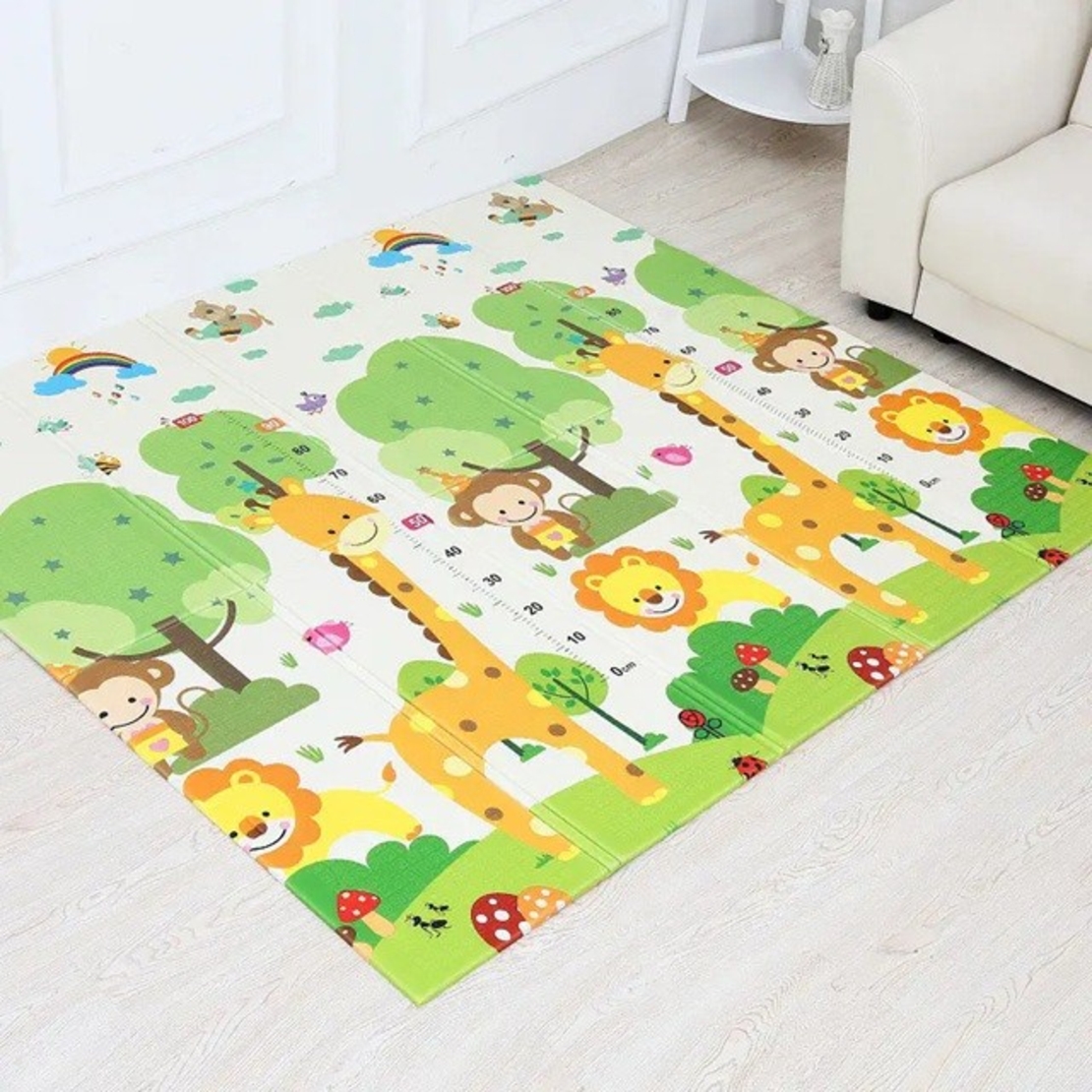 Covoras pentru Copii, Flippy, cu 2 Fete, Model Safari/Animale, din XPE+PE, Impermeabil, Antiderapant, Protectie Termica, +3 Luni, Pliabil, 150 x 200 x 1 cm, Multicolor