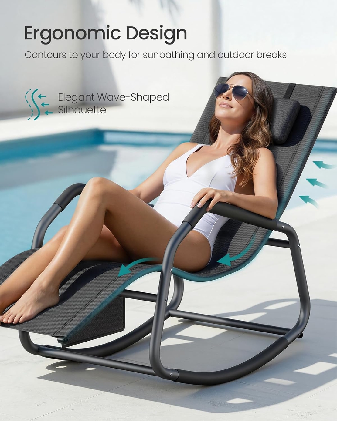 SONGMICS Sezlong balansoar gradina, cu tetiera reglabila si buzunar lateral, cadru otel, maxim 150 kg, 151x56x97 cm, negru