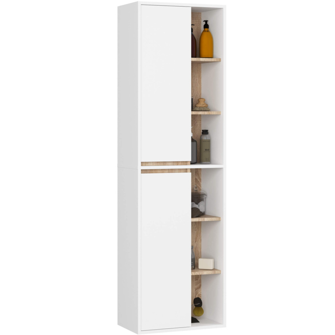 Dulap de baie suspendat cu 2 usi si 6 rafturi, PAL 16 mm, 50x30x170 cm, alb si stejar sonoma