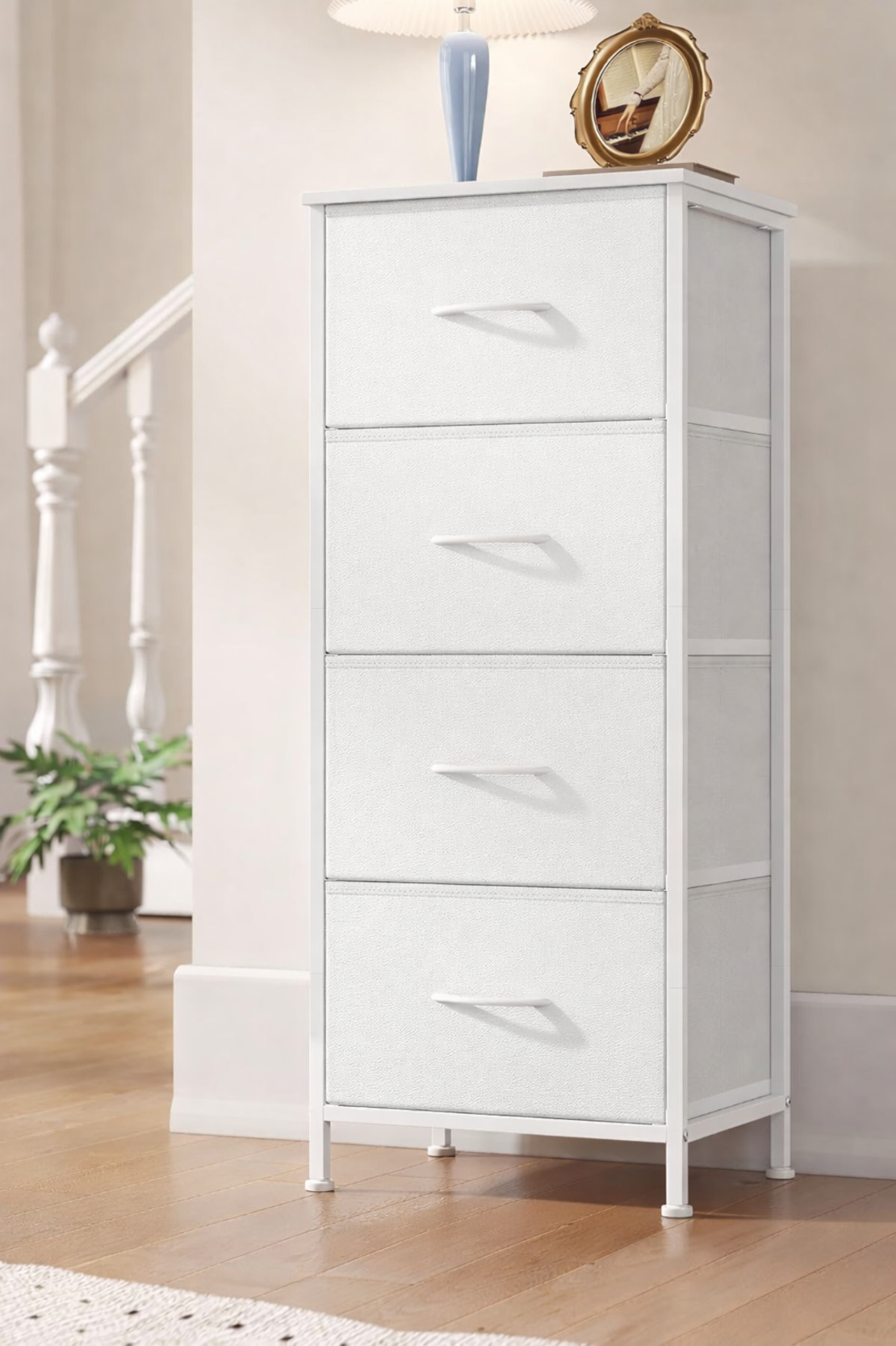 SONGMICS Comoda cu 4 sertare textile, cadru metalic si blat MDF, 40x30x95 cm, alb