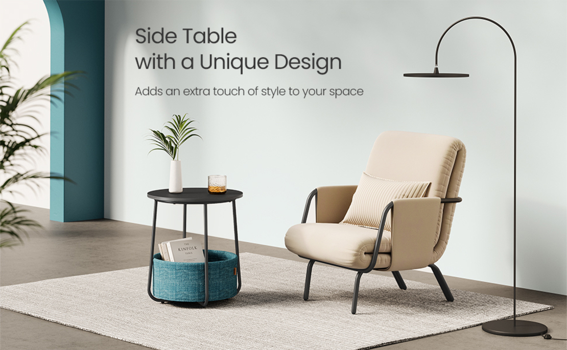 VASAGLE Masuta de cafea rotunda cu cos de stofa, stil modern, 45x50cm, negru cu turcoaz inchis