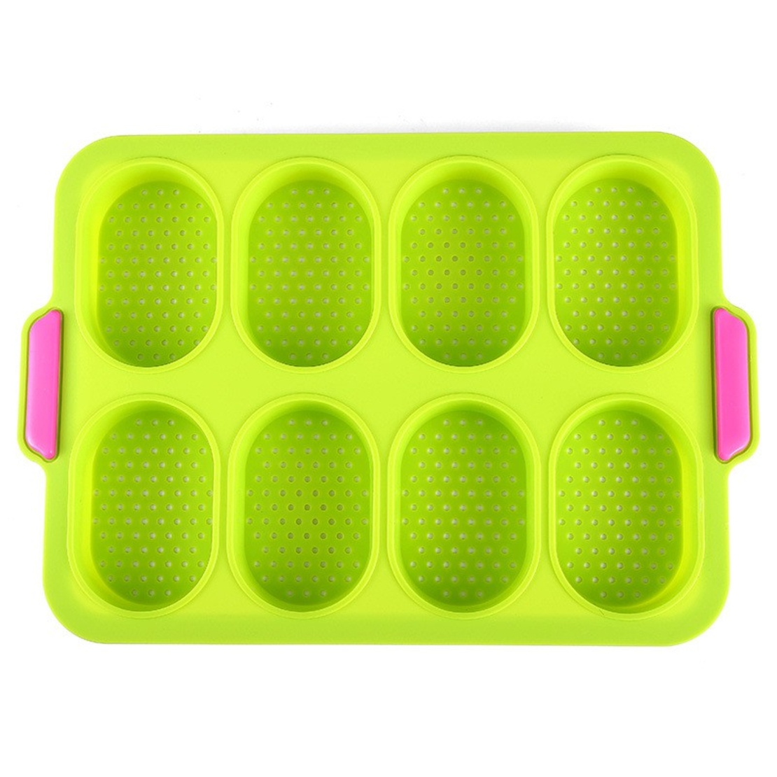 Forme de Silicon pentru Copt, Flippy, 8 Forme Ovale, pentru Paine si Prajituri, 34.5 x 23.8 x 2.5 cm, Verde/Roz