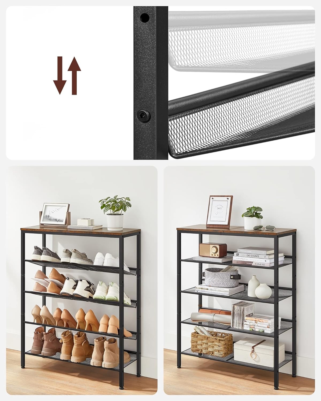 VASAGLE Raft de pantofi, 5 niveluri, rafturi reglabile din plasa, metal, stil industrial, 75x28x93cm, maro vintage negru