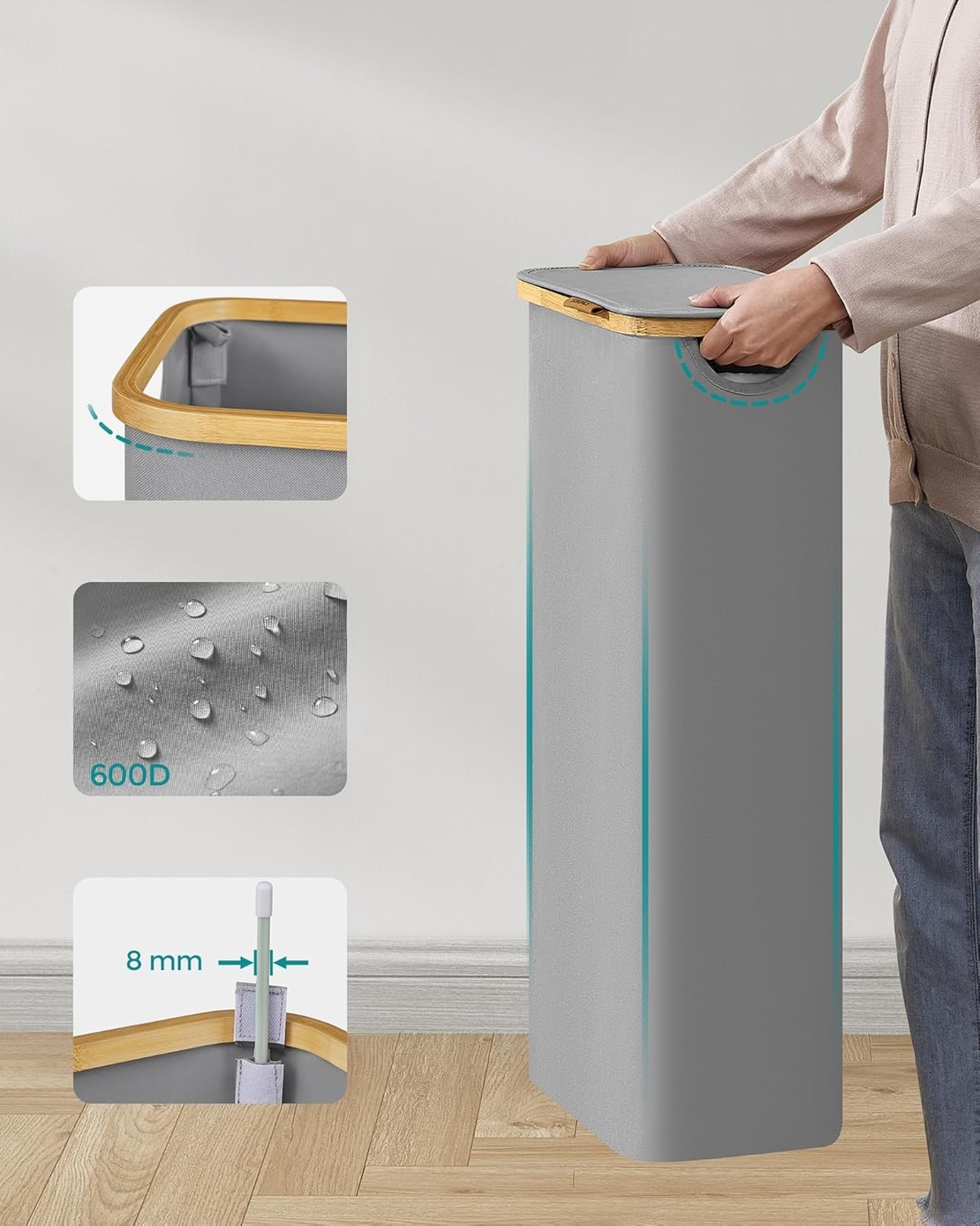 SONGMICS Cos rufe slim pentru spatii inguste, sac detasabil, 65 litri, 42x23x71 cm, gri
