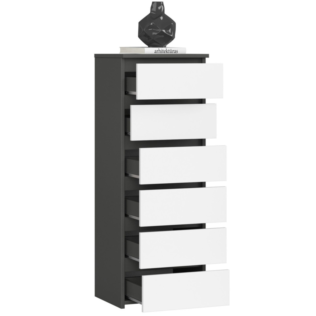 Comoda cu 6 sertare, PAL laminat 16 mm, 40x35x109 cm, gri si alb