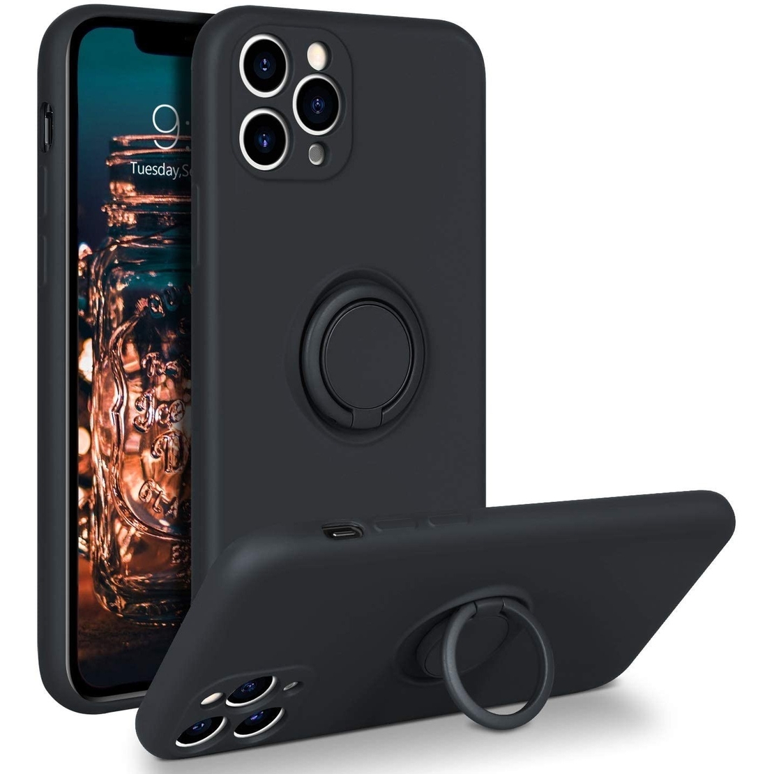 Husa protectie Vafy compatibila cu Apple iPhone 11 Pro Liquid Silicone Ring cu suport rotativ Negru
