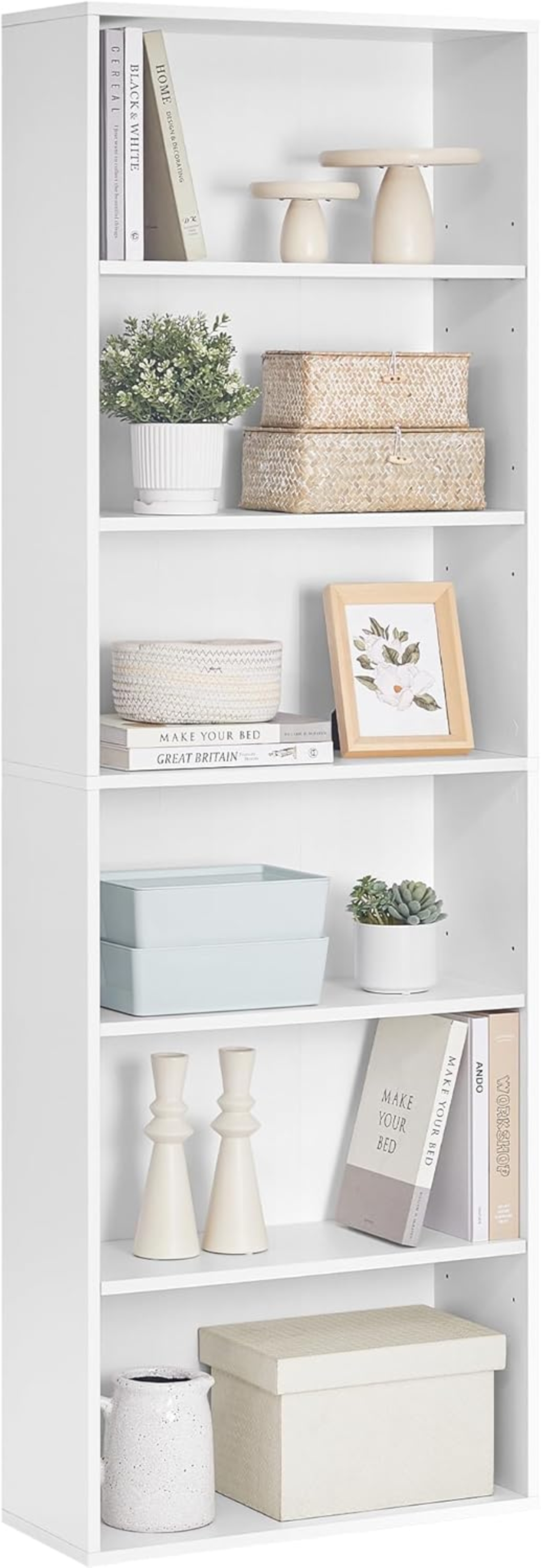 VASAGLE Biblioteca 6 rafturi, in stil scandinav, rafturi ajustabile, PAL, 60x24x179 cm, alb