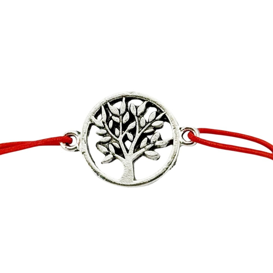 Martisor Bratara Elastica cu Pandantiv din Inox, Jolie, pentru Dama, Set 12 bucati, Snur Rosu Textil, Model Pomul Vietii