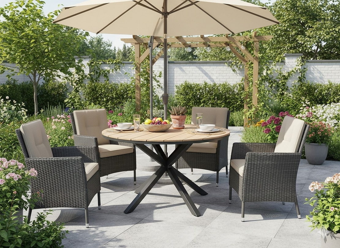 Masa rotunda pentru gradina, cadru aluminiu cu blat polywood aspect lemn, 112x73 cm, maro natur
