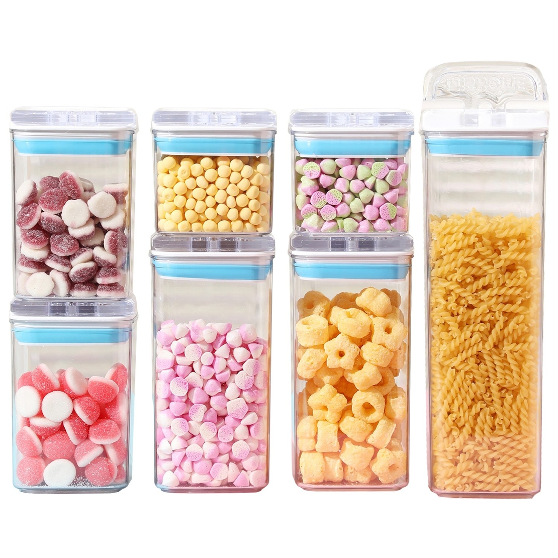 Cutii de Depozitare Alimente, Flippy, Set din 7 Cutii de tip Container, 2x0.5 l, 2x0.8 l, 2x1.2 l, 1x1.9 l, Recipiente pentru Cereale in Bucatarie, Transparente cu Capac Albastru-Alb
