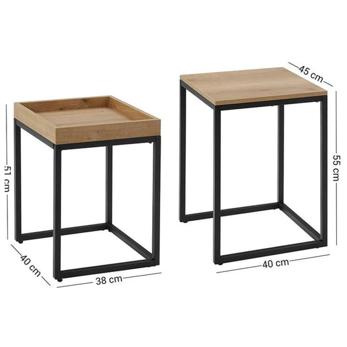 VASAGLE Set 2 masute de cafea suprapozabile, blat din PAL si cadru metalic, 55x40x45 cm, maro natur
