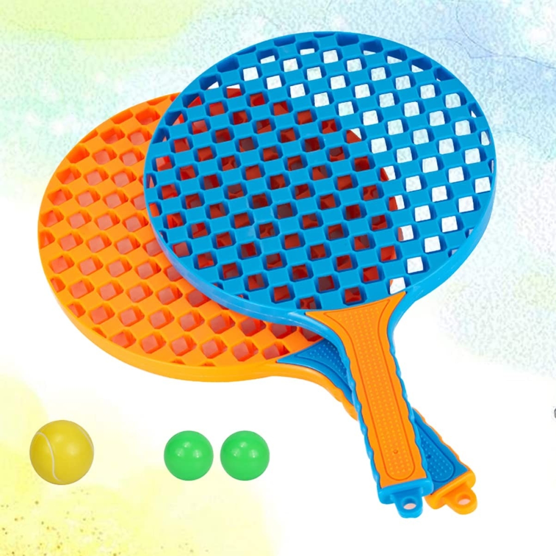 Set Badminton pentru Copii, Flippy, 2 Palete, 3 Mingi, Pentru Joaca si Antrenament, Albastru Portocaliu
