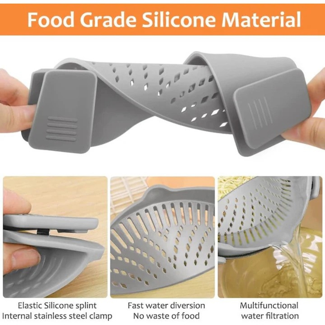 Strecurator Filtru pentru Vase, Vafy, din Silicon Rezistent la Temperaturi Inalte, Universal, Paste, Legume, Fructe, 23x12.5x6.7 cm, Gri