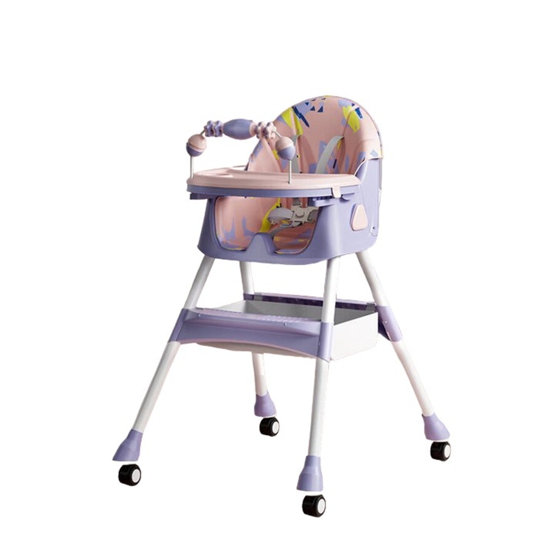 Scaun de Masa pentru Bebelusi si Copii, Flippy, 2 Tavite cu Jucarii si Husa Detasabile, Multifuncțional, Stabil, Centura de Siguranta, Spatar Reglabil Moale, Balansoar, Cos de Depozitare, de la 6 Luni, 97x73x65cm, Mov