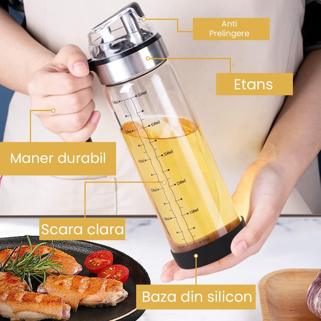 Sticla de ulei etansa cu deschidere inchidere, Vafy, Dispenser de ulei de bucatarie, Sos de soia, Otet, 500 ml, Transparent