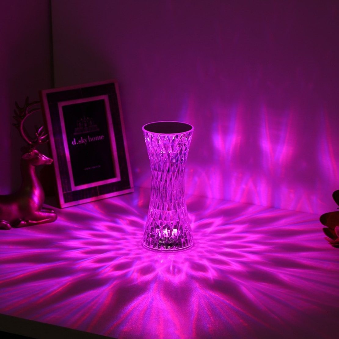 Lampa de birou pe LED RGB 16, Flippy, dimmer tactil, 3 nivele de intensitate, incarcare USB, 3W, Cristal Acrilic, 8x19 cm, cu telecomanda, forma vaza, model 2, transparent