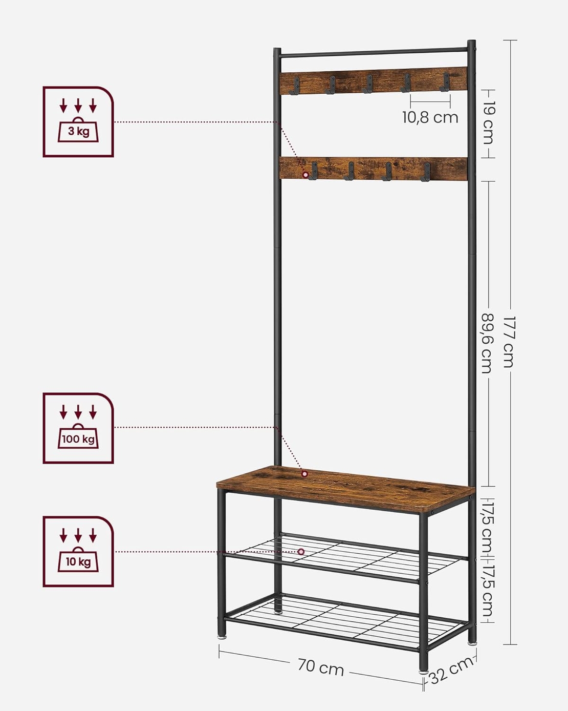 VASAGLE Cuier pentru haine cu banc de depozitare a pantofilor, cadru din otel, 32x70x177cm, industrial, maro rustic si negru