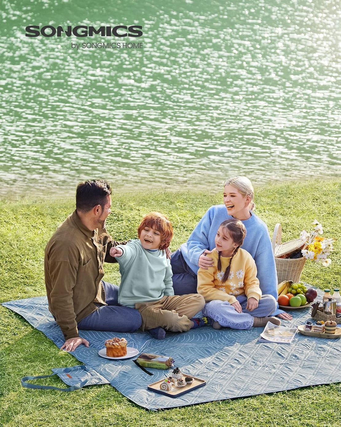 SONGMICS Patura picnic impermeabila 200x200 cm, cu ancore de fixare, pliabila, lavabila, multistrat, albastru cu model frunze