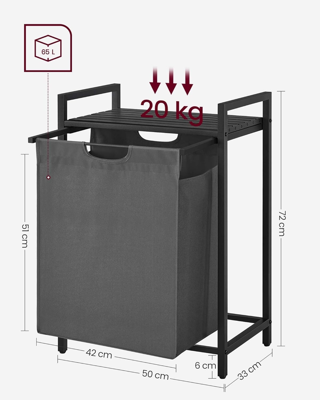 VASAGLE Cos de rufe, sac de rufe detasabil, raft, cadru metalic, 65L, 50x33x72 cm, negru si gri