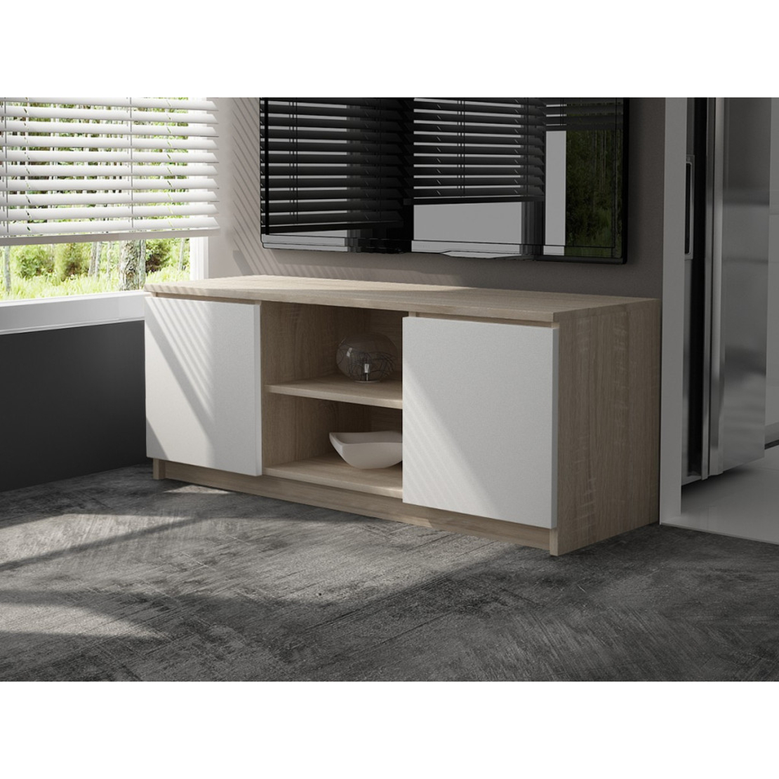 Comoda TV cu 2 usi si o polita, PAL laminat 16 mm, 120x40x55 cm, stejar sonoma si alb