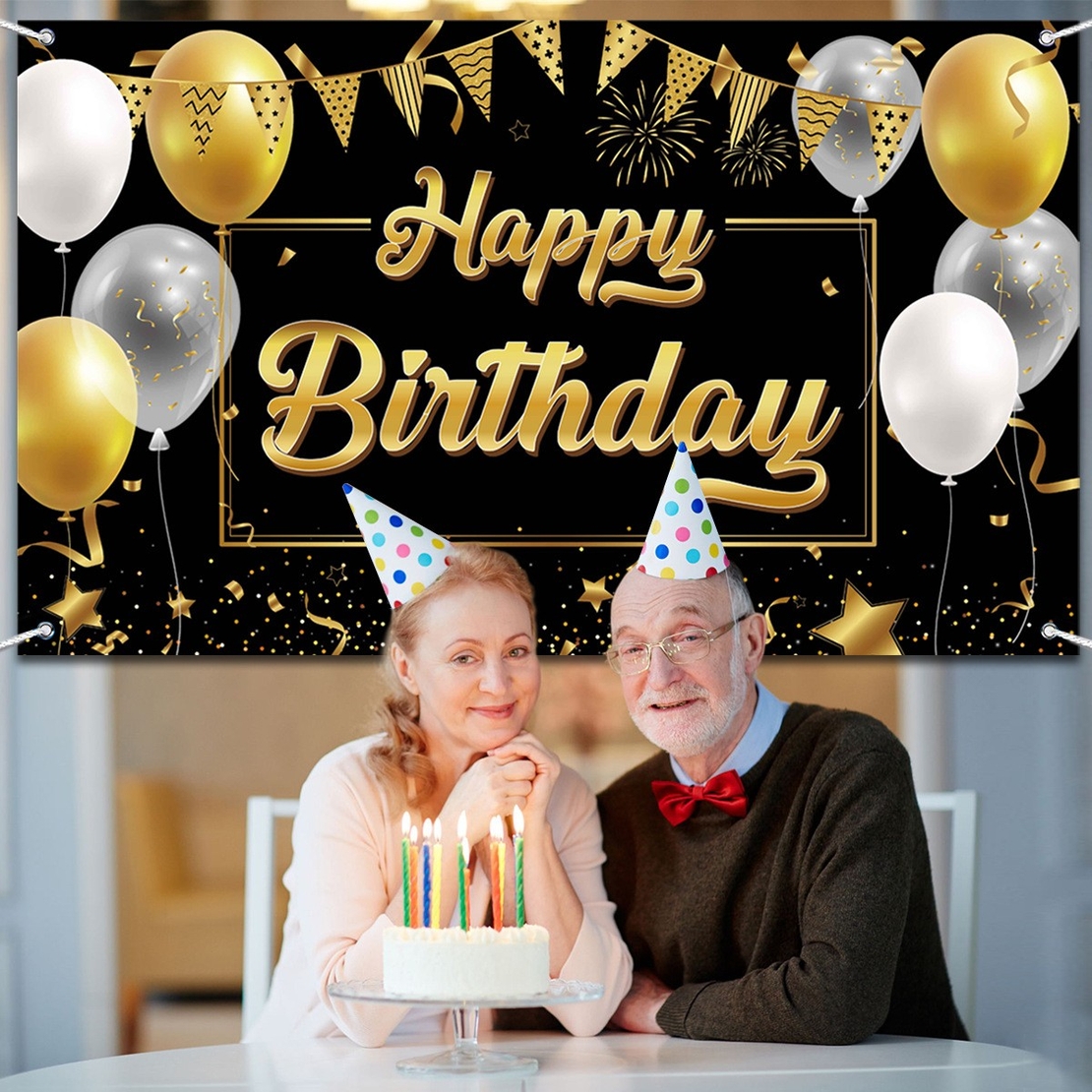 Banner Tip Fundal pentru Poze, Flippy, din Panza, Model Happy Birthday to You, 185 x 110 cm, Sfoara 6 m, Prindere in 4 Colturi, Negru/Auriu