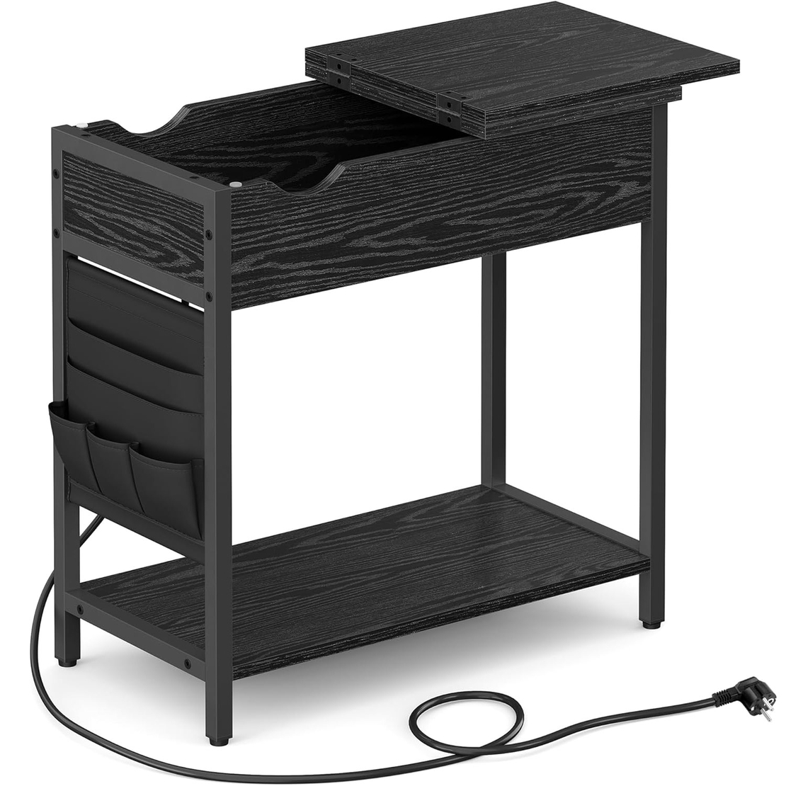 VASAGLE Masa laterala pliabila, tip noptiera, cu prize si porturi USB, raft si geanta din textil, 60x32x60 cm, negru
