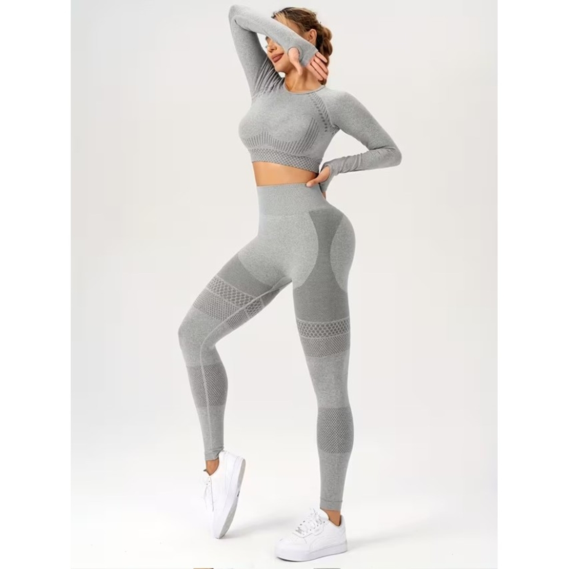 Costum Sport de Dama, Flippy, pentru Yoga, Talie Inalta, Top Scurt, Elastic, Gri, Marime S