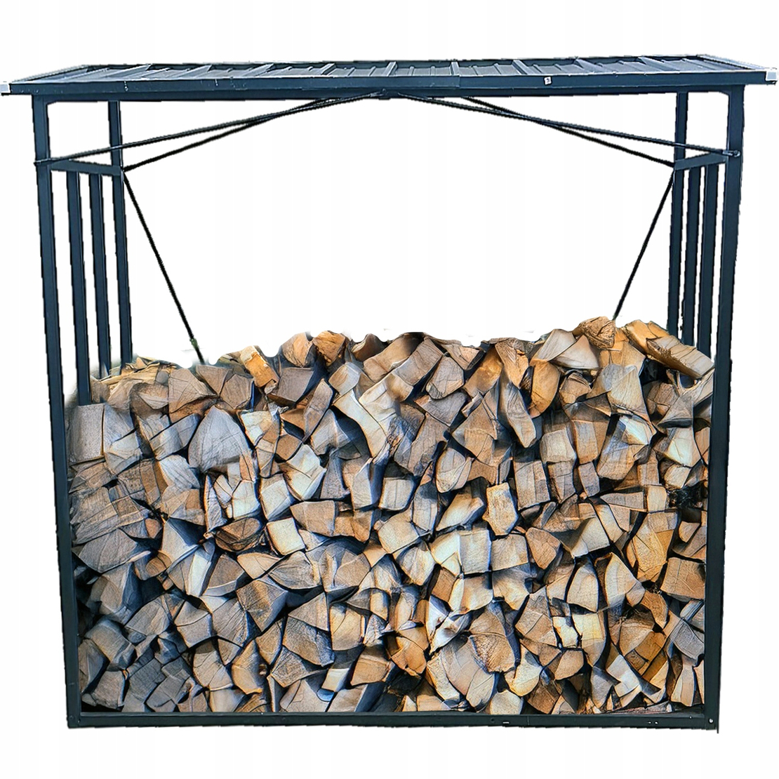 Suport depozitare lemne de foc cu acoperis ondulat, structura metalica, 185x70x185 cm, negru