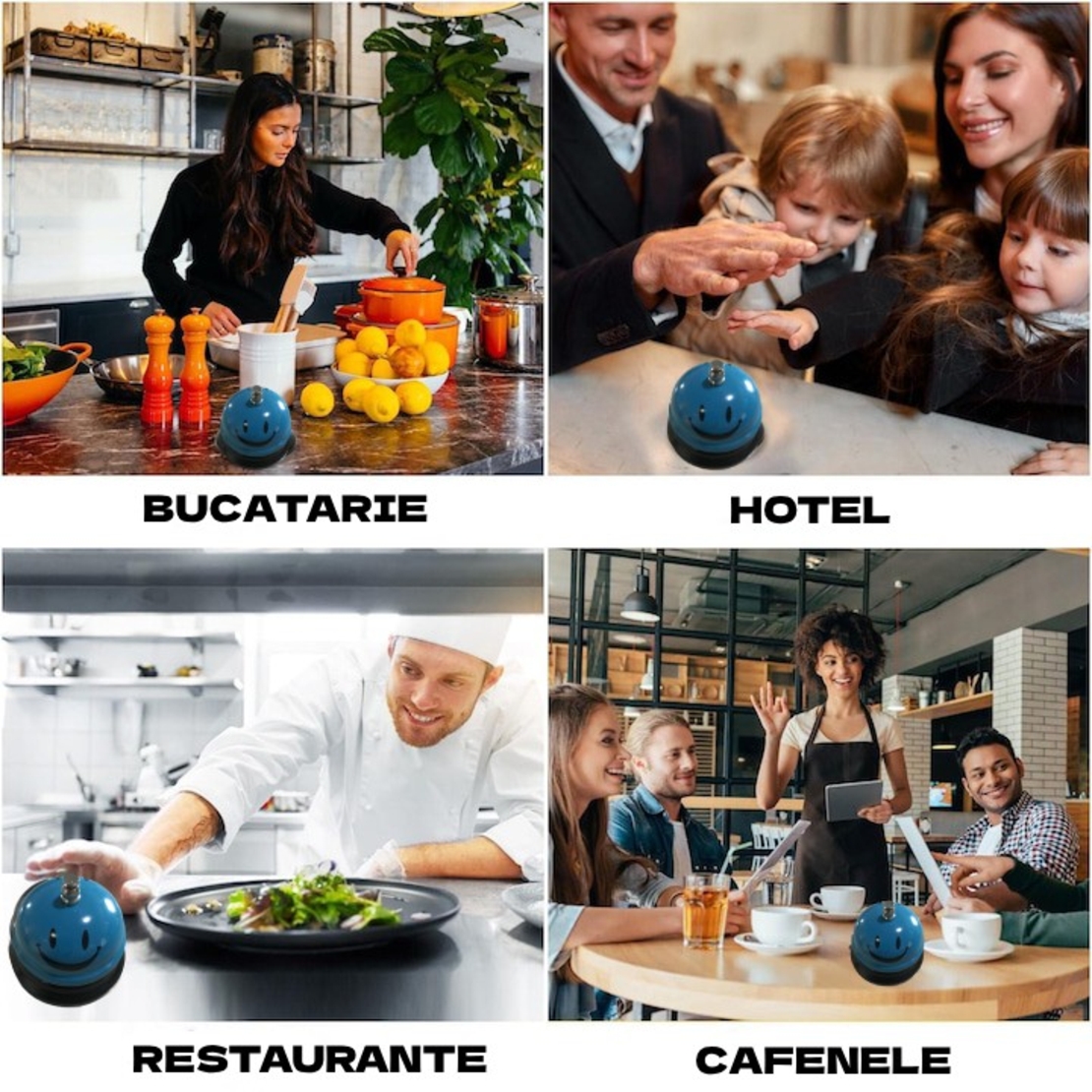 Clopotel Metalic Multifunctional, Flippy, Albastru Deschis cu Imprimeu Smiley Face, 7.5x7.5x6.5 cm, Receptie, Restaurant