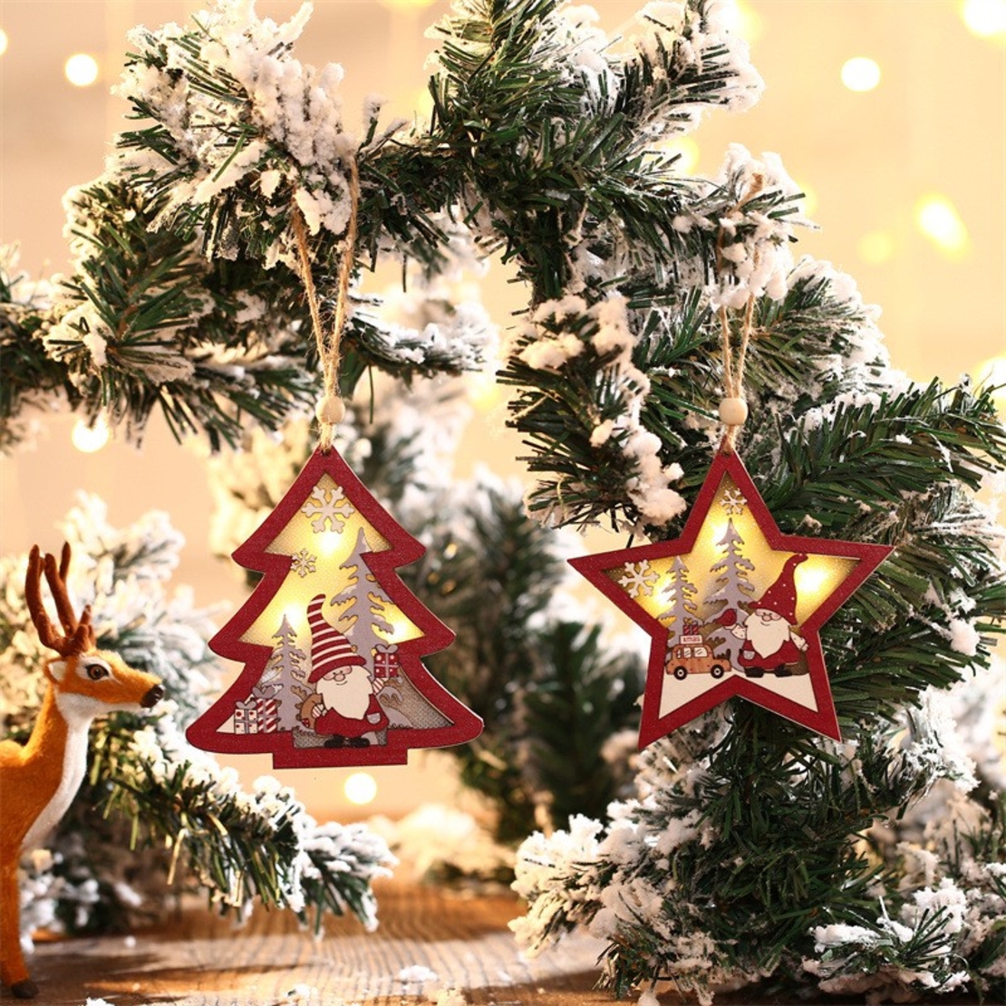 Ornament de Brad, Flippy, cu Lumini LED, din Lemn, Figurina Elf, Model Stea, Multicolor