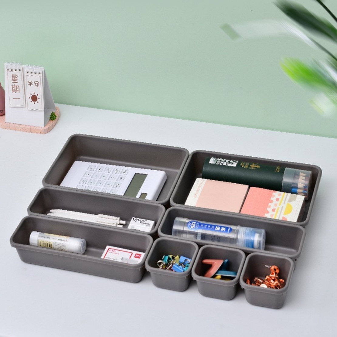 Set 8 cutii depozitare, pentru sertar, cosmetice, ustensile bucatarie, textile, plastic, gri, Flippy, 23.5 x 16 cm