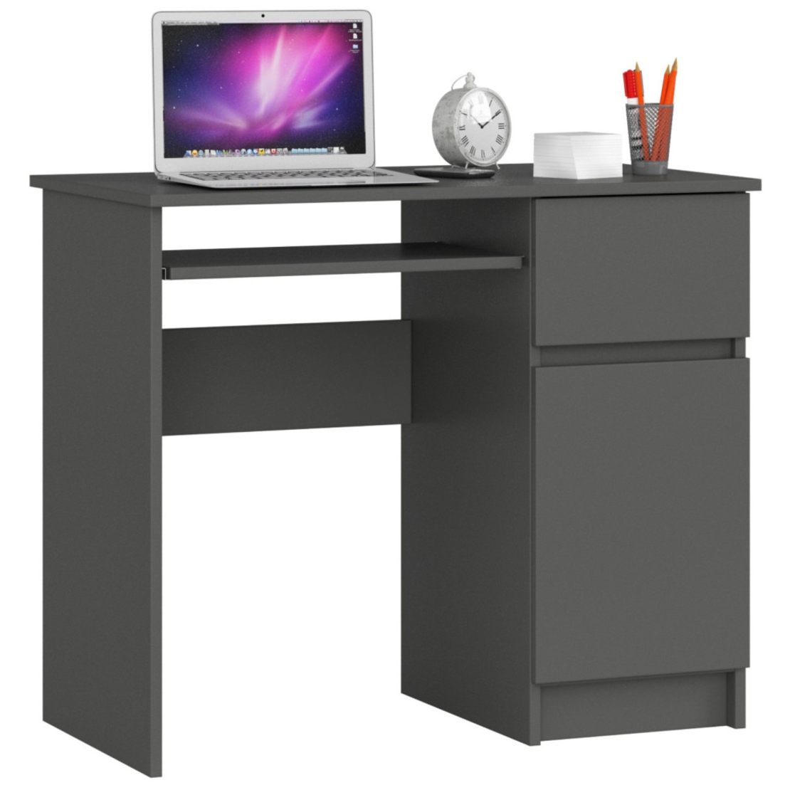 Birou computer PIKSEL, cu sertar, dulap si raft pentru tastatura, dreapta, 90x50x77 cm, stejar gri
