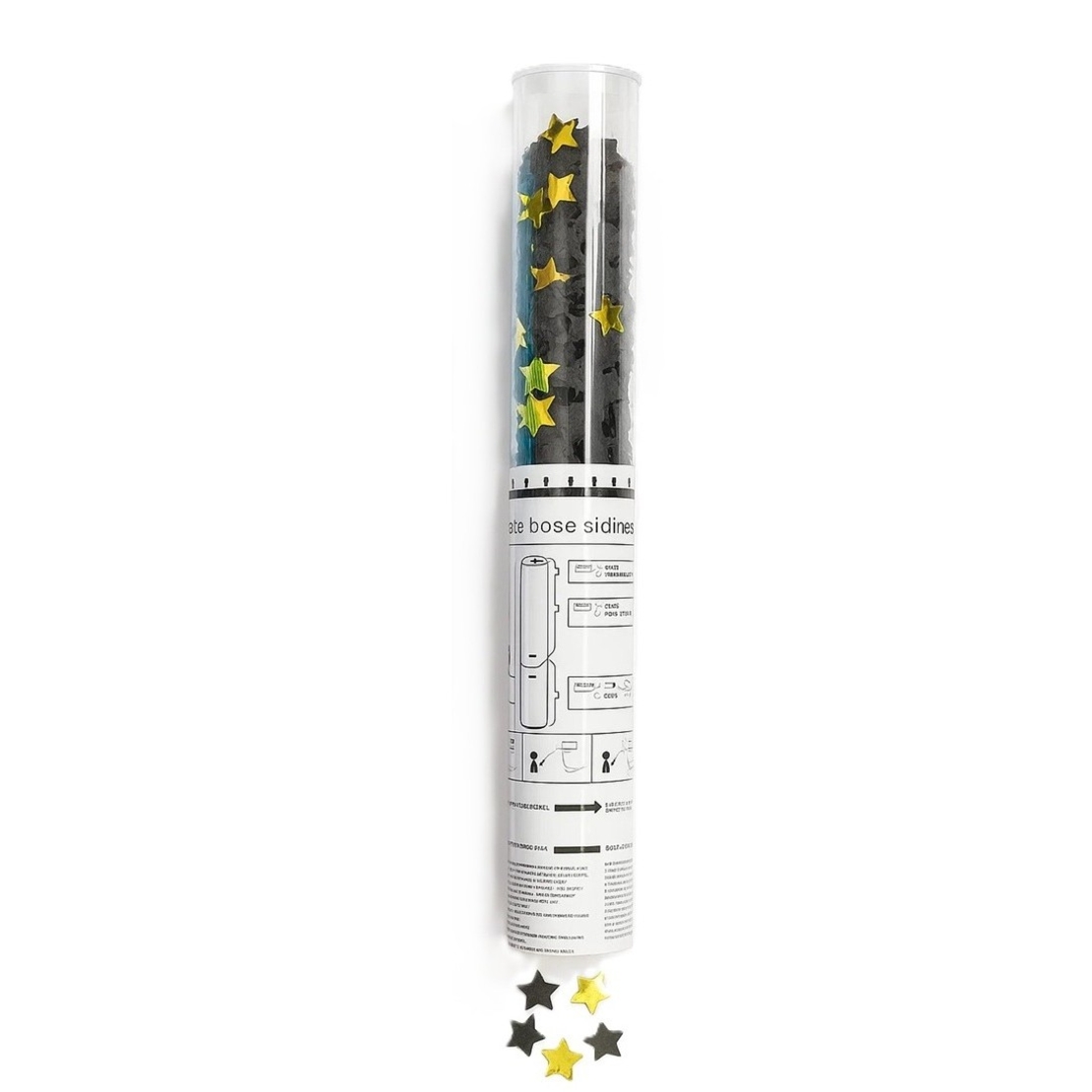 Tun de Confetti, Flippy, 40 cm, Model Stelute din Folie si Hartie, Ambalaj PET, Negru