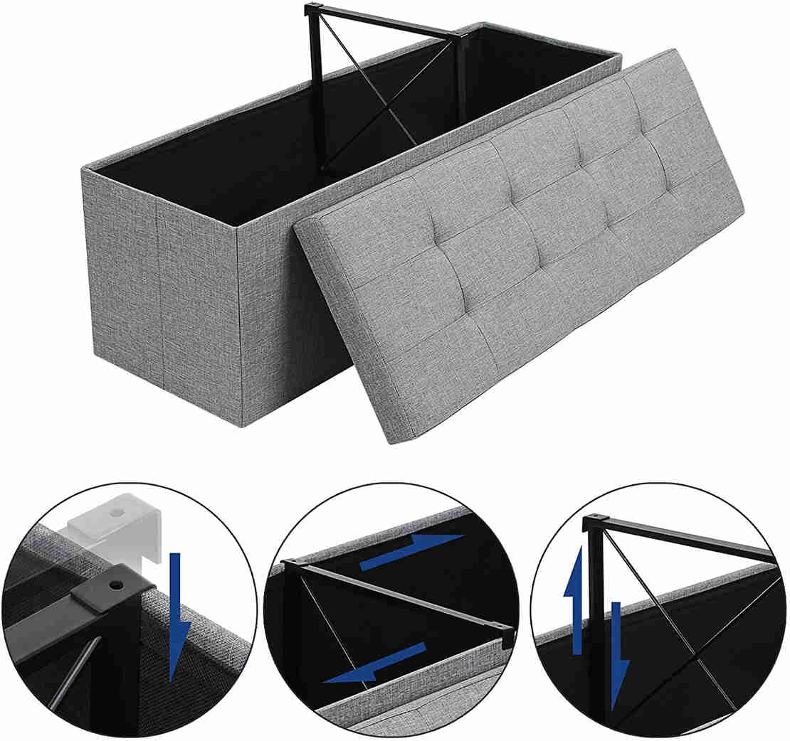 SONGMICS Taburet pliabil cu sezut moale, spatiu de depozitare 131litri, maxim 300kg, 110x38x38cm, gri