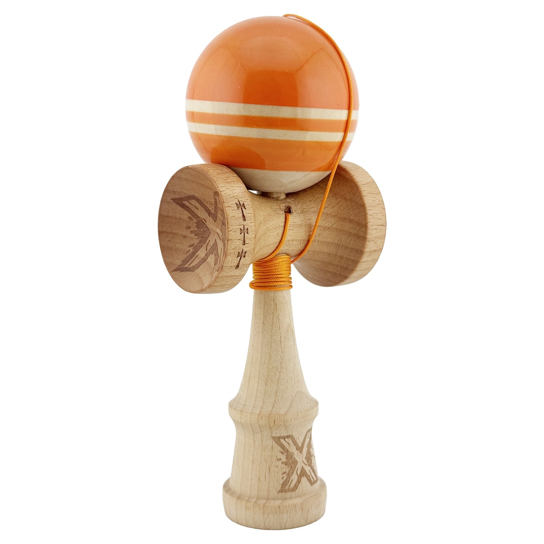 Kendama X Rainbow Originala, Profesionala, Flippy, Big Cups V2, Super Sticky cu Cupe Mari, Rulment Metalic, din lemn 18 cm, Ata 55 cm, Portocaliu/Maro