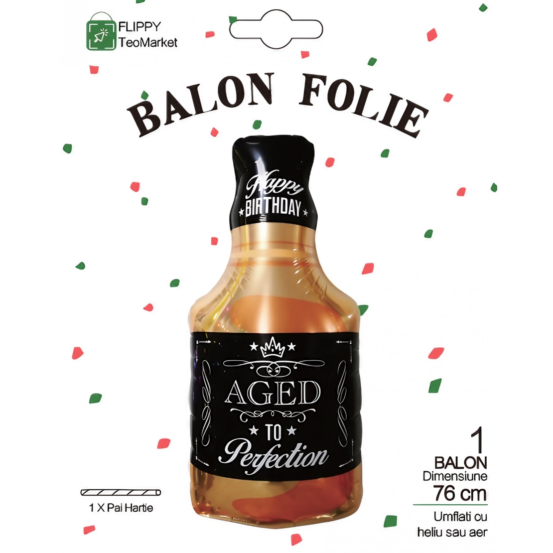Balon din Folie Metalizata, Flippy, Figurina Sticla de Whisky, Tema Aniversare, 90x45 cm, Ambalaj Individual, Pai Inclus, Umflare cu Aer sau Heliu