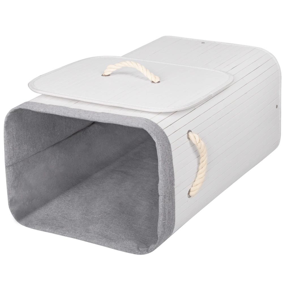 Cos de rufe cu capac, din bambus cu sac textil detasabil, 72 litri, 40x28x60 cm, alb si gri