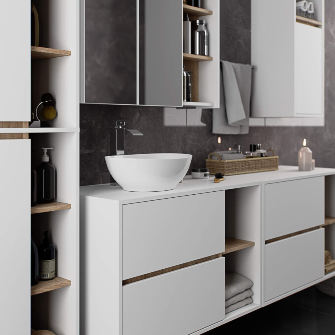 Etajera de baie suspendata, cu 2 sertare, PAL 16 mm, 90x46x60 cm, alb si stejar sonoma