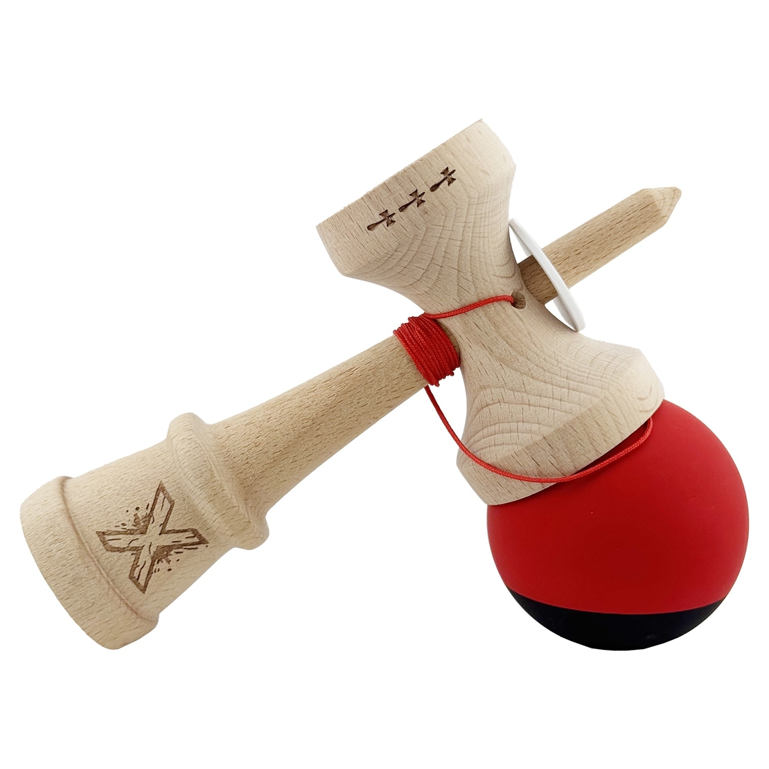 Kendama X Originala, Profesionala, Flippy, Cupe Mari KING SIZE V3, Rubber Grip, Gaura in Baza, Rulment Metalic, din lemn 18 cm, Ata 62/65 cm, Bicolor Rosu/Negru