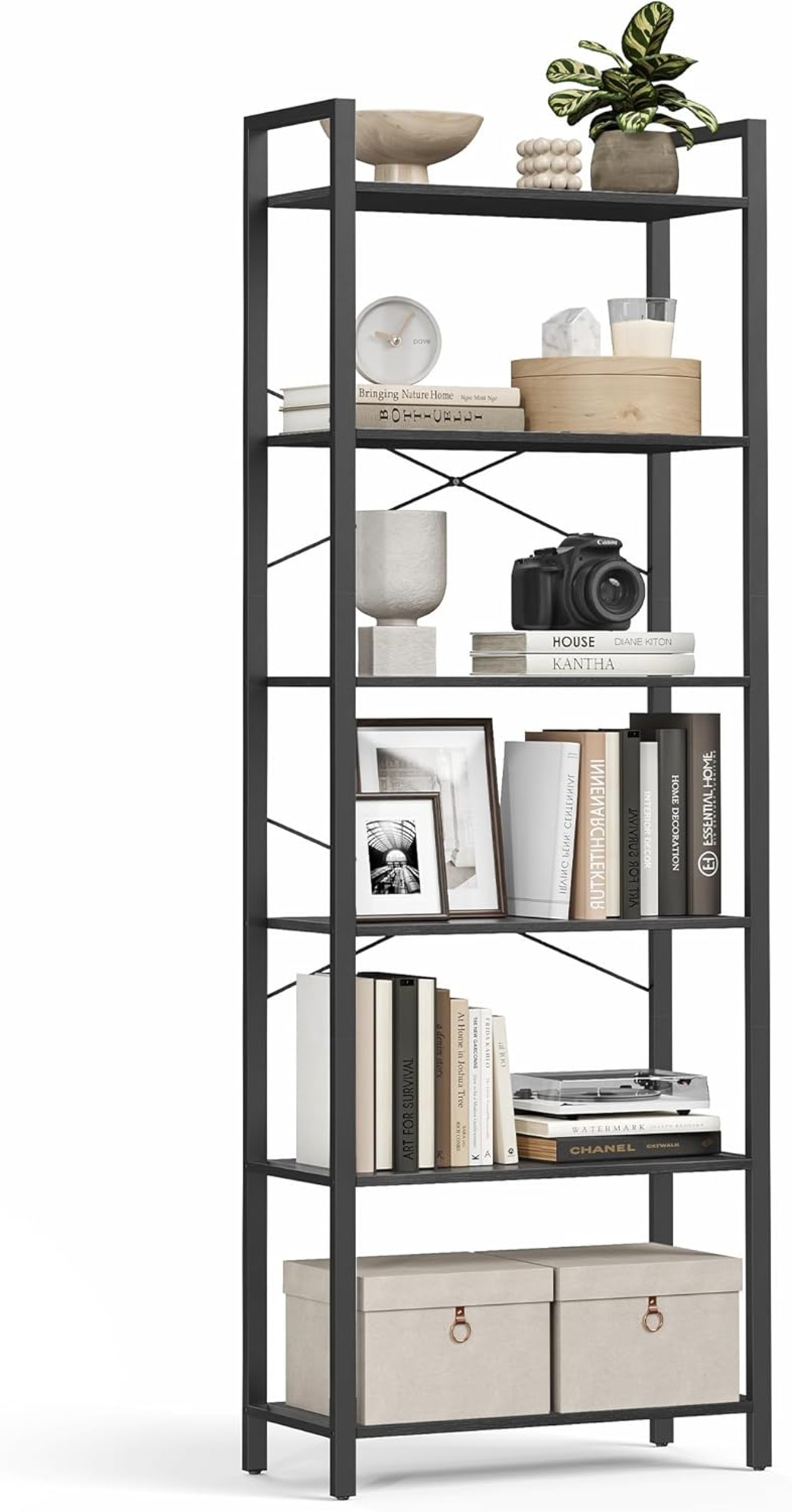 VASAGLE Biblioteca 6 niveluri, cu cadru metalic si rafturi PAL, 66x30x186 cm, negru